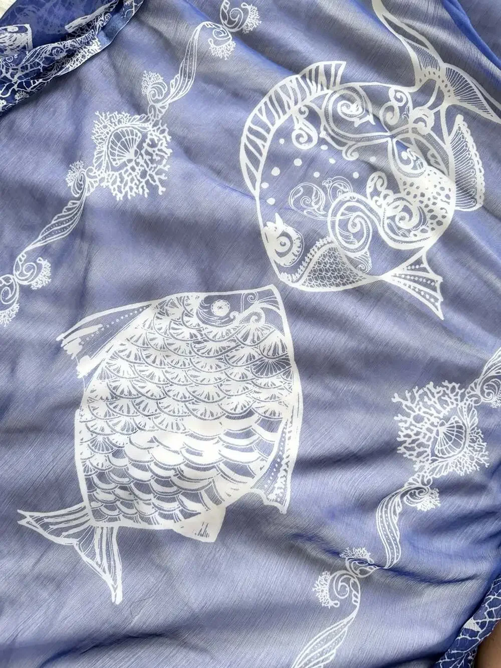 Antica Sartoria by Giacomo Cinque Blue and White Fish Print Polyester Scarf S-70